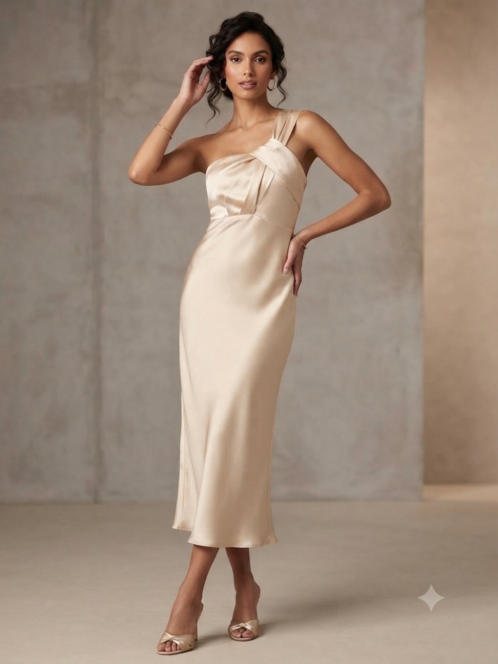 Bill J One-Shoulder Satin Midi Dress in Soft Champagne Size 6